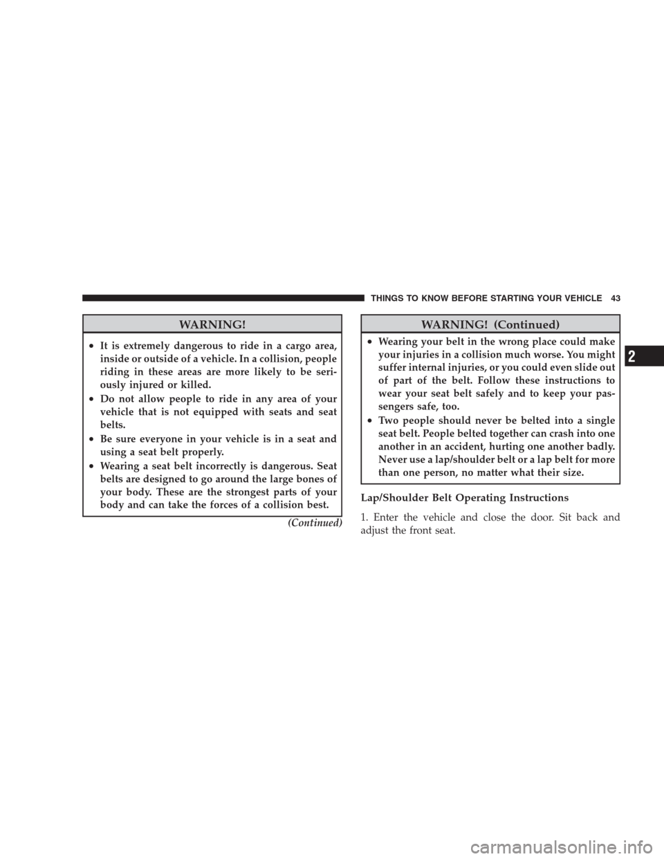 CHRYSLER 300 SRT 2009 1.G Owners Manual WARNING!
•It is extremely dangerous to ride in a cargo area,
inside or outside of a vehicle. In a collision, people
riding in these areas are more likely to be seri-
ously injured or killed.
•Do n