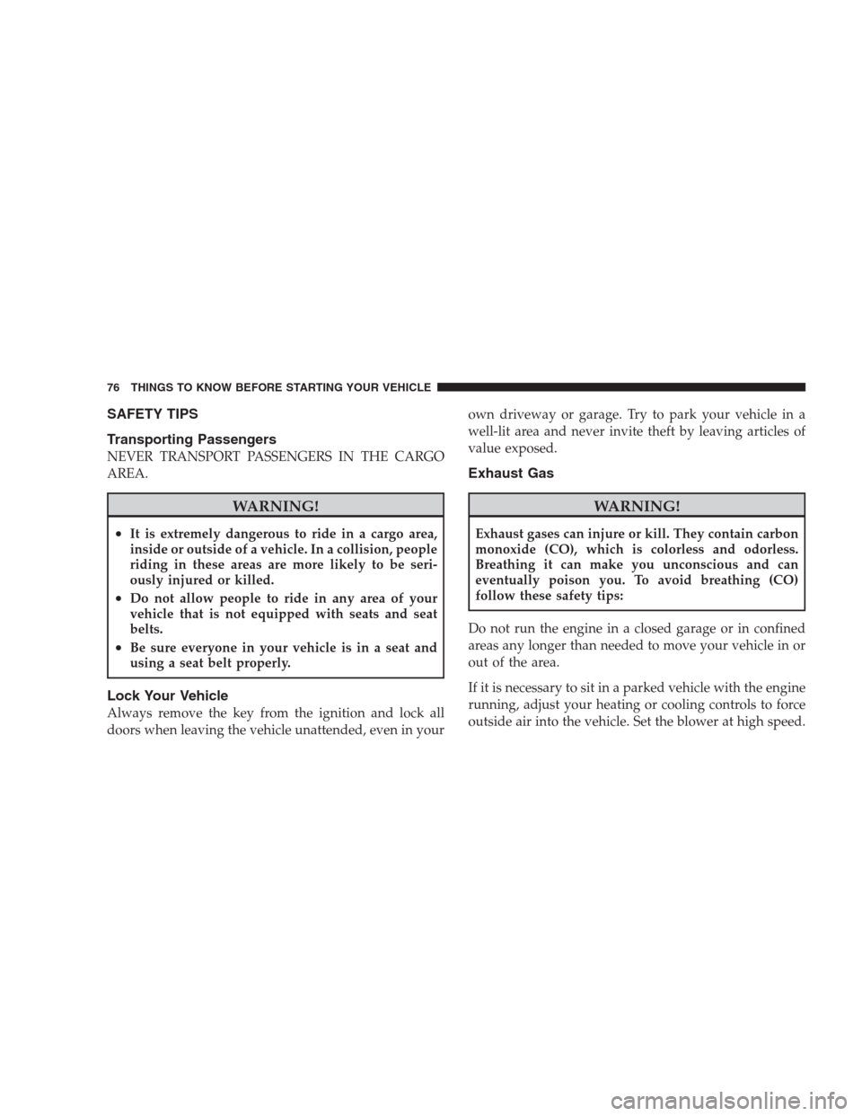 CHRYSLER 300 SRT 2009 1.G Owners Manual SAFETY TIPS
Transporting Passengers
NEVER TRANSPORT PASSENGERS IN THE CARGO
AREA.
WARNING!
•It is extremely dangerous to ride in a cargo area,
inside or outside of a vehicle. In a collision, people
