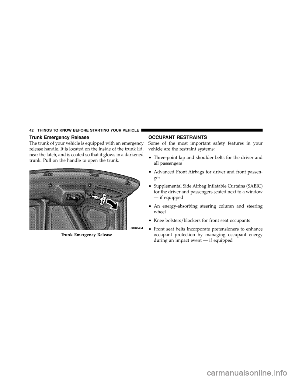 CHRYSLER 300 SRT 2010 1.G Owners Manual Trunk Emergency Release
The trunk of your vehicle is equipped with an emergency
release handle. It is located on the inside of the trunk lid,
near the latch, and is coated so that it glows in a darken