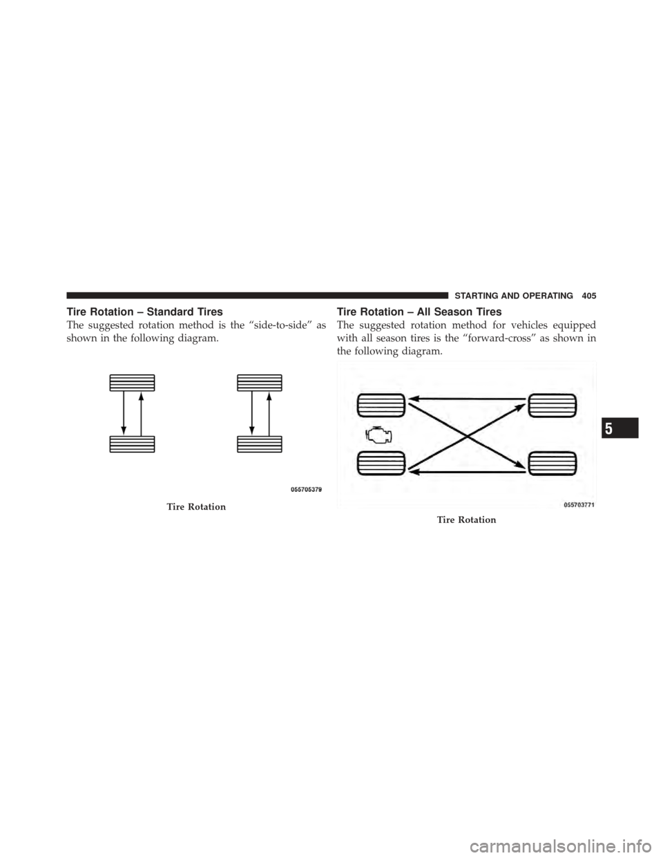 CHRYSLER 300 SRT 2012 2.G Owners Manual Tire Rotation – Standard Tires
The suggested rotation method is the “side-to-side” as
shown in the following diagram.
Tire Rotation – All Season Tires
The suggested rotation method for vehicle