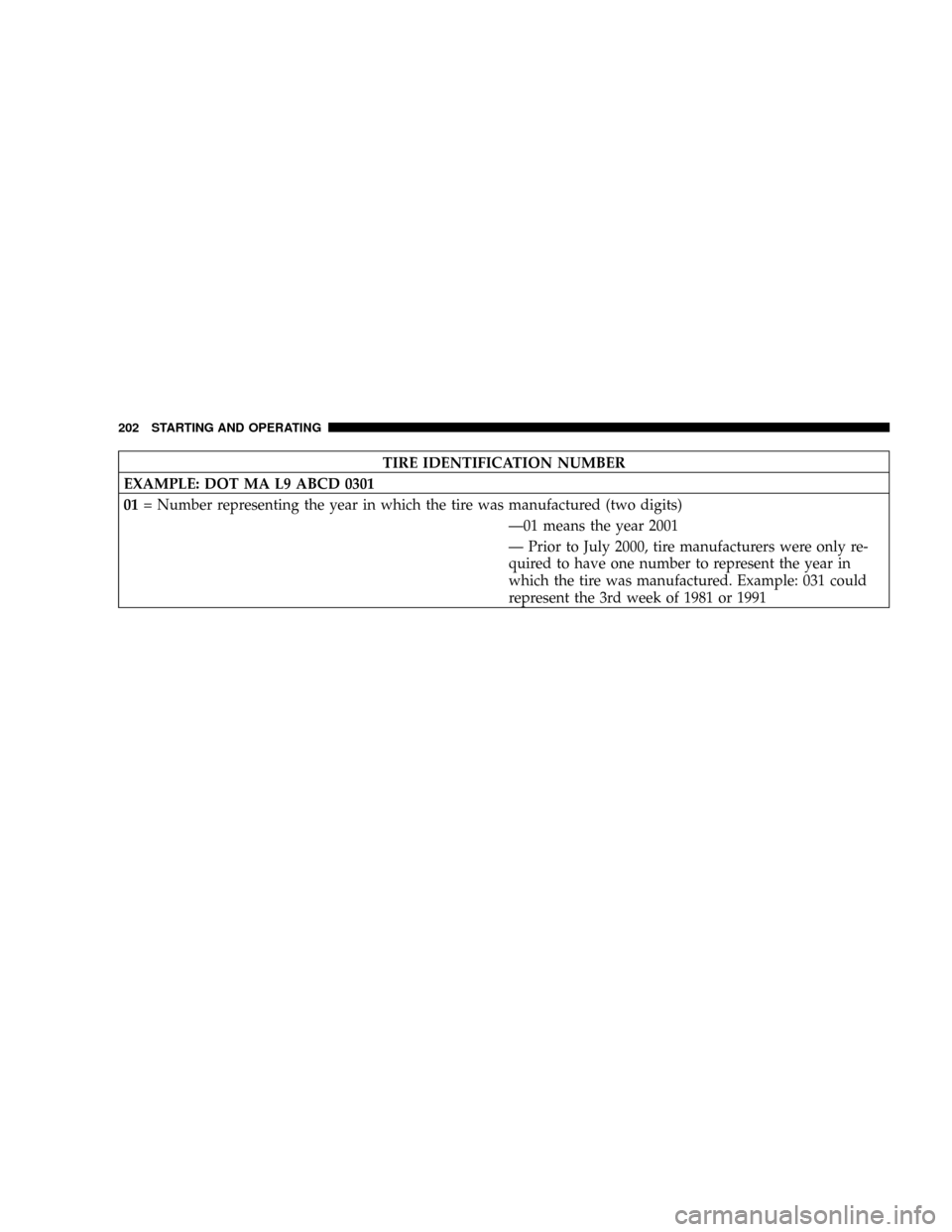 CHRYSLER CROSSFIRE 2008 1.G Owners Manual TIRE IDENTIFICATION NUMBER
EXAMPLE: DOT MA L9 ABCD 0301
01= Number representing the year in which the tire was manufactured (two digits)
Ð01 means the year 2001
Ð Prior to July 2000, tire manufactur