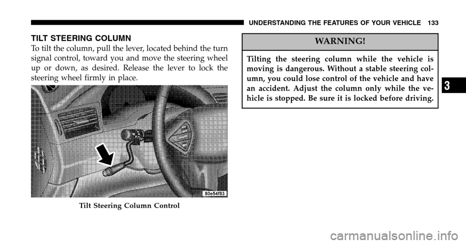 CHRYSLER PACIFICA 2006 1.G Owners Manual TILT STEERING COLUMN
To tilt the column, pull the lever, located behind the turn 
signal control, toward you and move the steering wheel
up or down, as desired. Release the lever to lock the
steering 