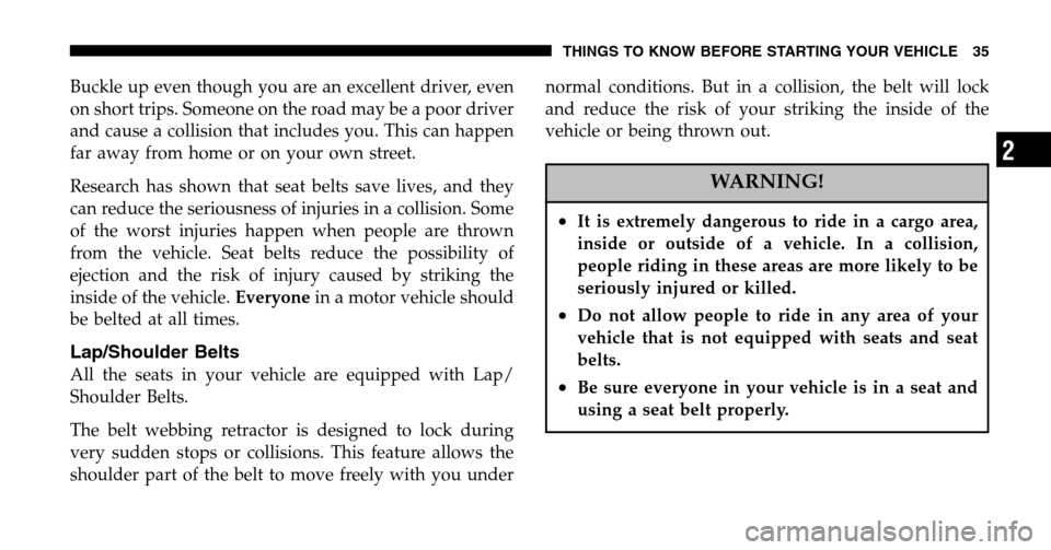 CHRYSLER PACIFICA 2006 1.G Owners Manual Buckle up even though you are an excellent driver, even 
on short trips. Someone on the road may be a poor driver
and cause a collision that includes you. This can happen
far away from home or on your
