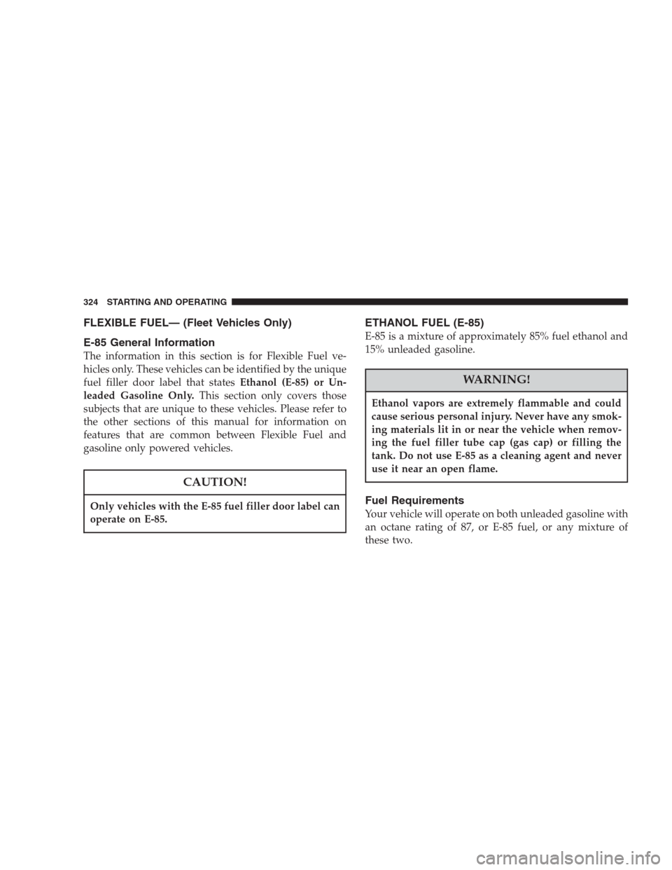 CHRYSLER PACIFICA 2007 1.G Owners Manual FLEXIBLE FUEL— (Fleet Vehicles Only)
E-85 General Information
The information in this section is for Flexible Fuel ve-
hicles only. These vehicles can be identified by the unique
fuel filler door la
