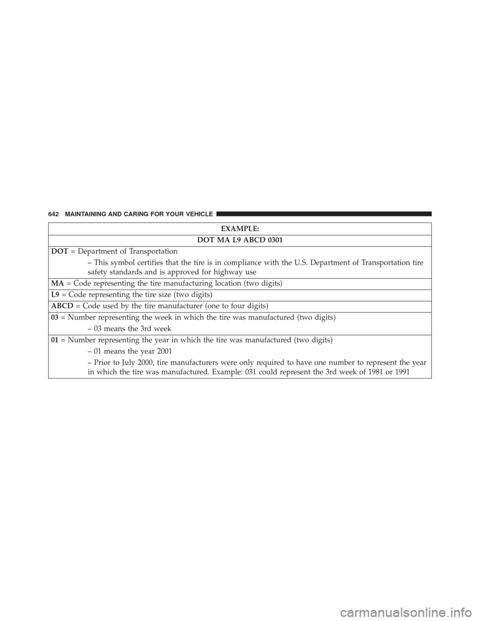 CHRYSLER PACIFICA 2017 2.G Owners Manual EXAMPLE:
DOT MA L9 ABCD 0301
DOT = Department of Transportation
– This symbol certifies that the tire is in compliance with the U.S. Department of Transportation tire
safety standards and is approve