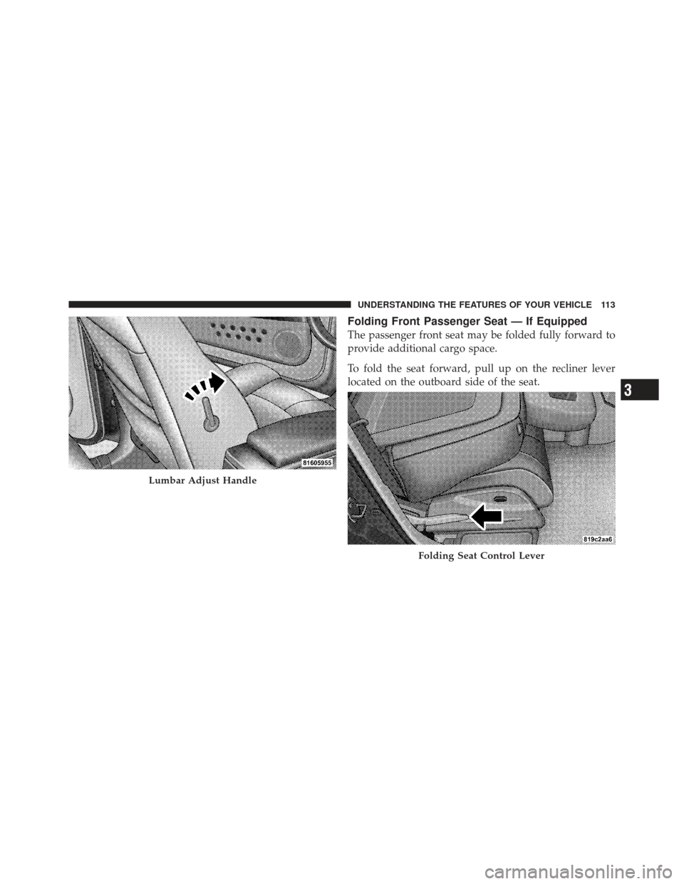CHRYSLER PT CRUISER 2009 1.G Owners Manual Folding Front Passenger Seat — If Equipped
The passenger front seat may be folded fully forward to
provide additional cargo space.
To fold the seat forward, pull up on the recliner lever
located on 