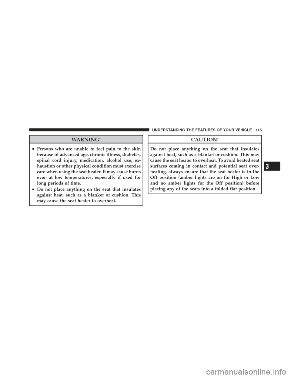 CHRYSLER PT CRUISER 2009 1.G Owners Manual WARNING!
•Persons who are unable to feel pain to the skin
because of advanced age, chronic illness, diabetes,
spinal cord injury, medication, alcohol use, ex-
haustion or other physical condition mu