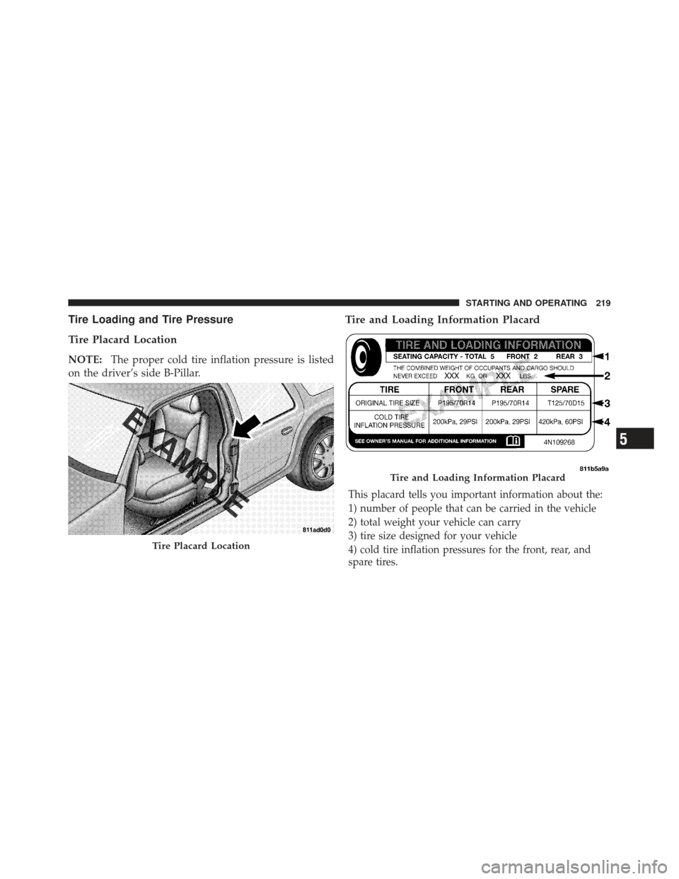 CHRYSLER PT CRUISER 2010 1.G Owners Manual Tire Loading and Tire Pressure
Tire Placard Location
NOTE:The proper cold tire inflation pressure is listed
on the driver’s side B-Pillar.
Tire and Loading Information Placard
This placard tells you