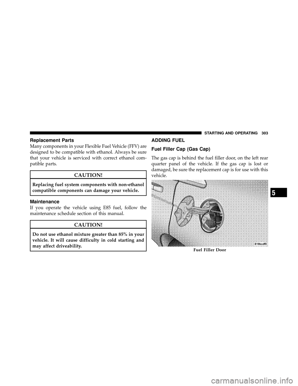 CHRYSLER SEBRING 2010 3.G Owners Manual Replacement Parts
Many components in your Flexible Fuel Vehicle (FFV) are
designed to be compatible with ethanol. Always be sure
that your vehicle is serviced with correct ethanol com-
patible parts.
