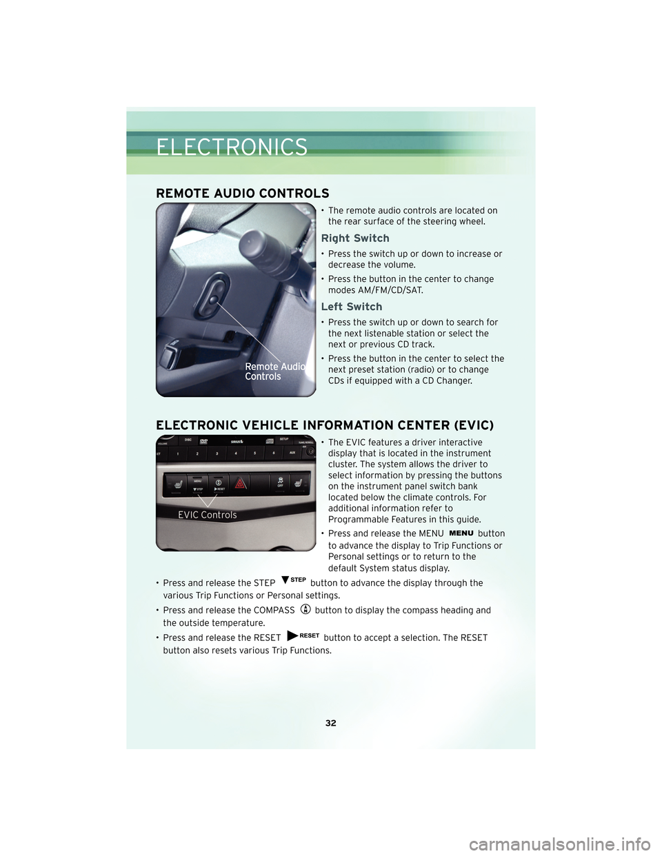 CHRYSLER SEBRING CONVERTIBLE 2010 3.G User Guide REMOTE AUDIO CONTROLS
• The remote audio controls are located onthe rear surface of the steering wheel.
Right Switch
• Press the switch up or down to increase ordecrease the volume.
• Press the CHRYSLER SEBRING CONVERTIBLE 2010 3.G User Guide REMOTE AUDIO CONTROLS
• The remote audio controls are located onthe rear surface of the steering wheel.
Right Switch
• Press the switch up or down to increase ordecrease the volume.
• Press the