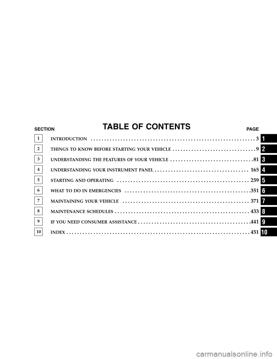 CHRYSLER SEBRING SEDAN 2008 3.G Owners Manual TABLE OF CONTENTSSECTIONPAGE
1INTRODUCTION.............................................................3
2THINGS TO KNOW BEFORE STARTING YOUR VEHICLE...............................9
3UNDERSTANDING THE