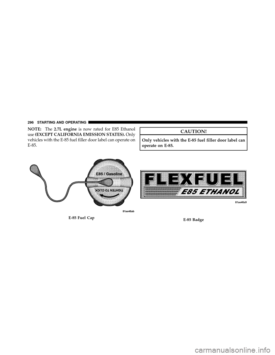 CHRYSLER SEBRING SEDAN 2010 3.G Owners Manual NOTE:The2.7L engine is now rated for E85 Ethanol
use (EXCEPT CALIFORNIA EMISSION STATES). Only
vehicles with the E-85 fuel filler door label can operate on
E-85.CAUTION!
Only vehicles with the E-85 fu