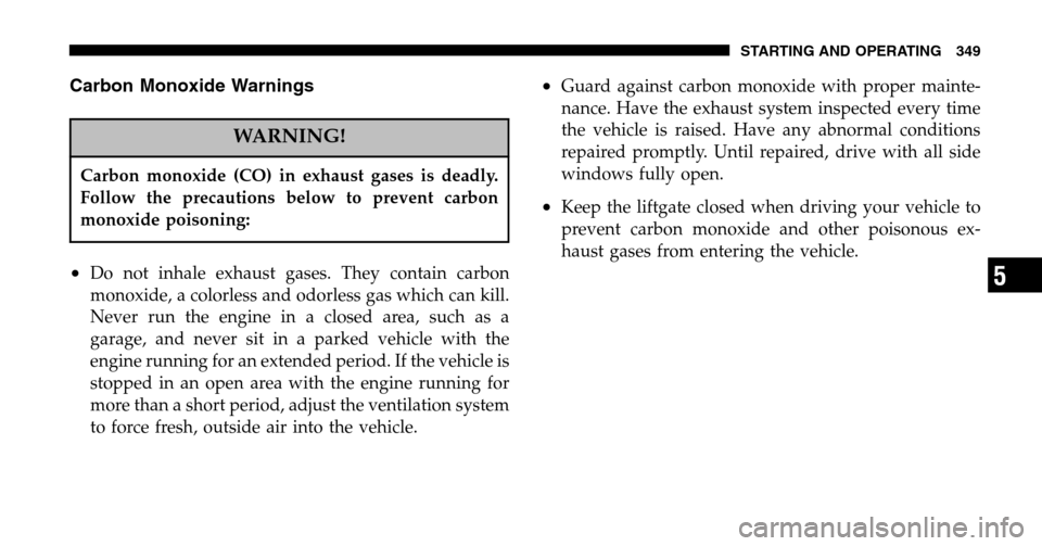 CHRYSLER TOWN AND COUNTRY 2006 4.G Owners Manual Carbon Monoxide Warnings
WARNING!
Carbon monoxide (CO) in exhaust gases is deadly. 
Follow the precautions below to prevent carbon
monoxide poisoning:
•Do not inhale exhaust gases. They contain carb
