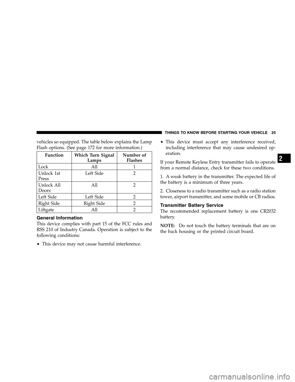 CHRYSLER TOWN AND COUNTRY 2007 4.G Owners Manual vehicles so equipped. The table below explains the Lamp
Flash options. (See page 172 for more information.)
Function Which Turn Signal
LampsNumber of
Flashes
Lock All 1
Unlock 1st
PressLeft Side 2
Unl CHRYSLER TOWN AND COUNTRY 2007 4.G Owners Manual vehicles so equipped. The table below explains the Lamp
Flash options. (See page 172 for more information.)
Function Which Turn Signal
LampsNumber of
Flashes
Lock All 1
Unlock 1st
PressLeft Side 2
Unl