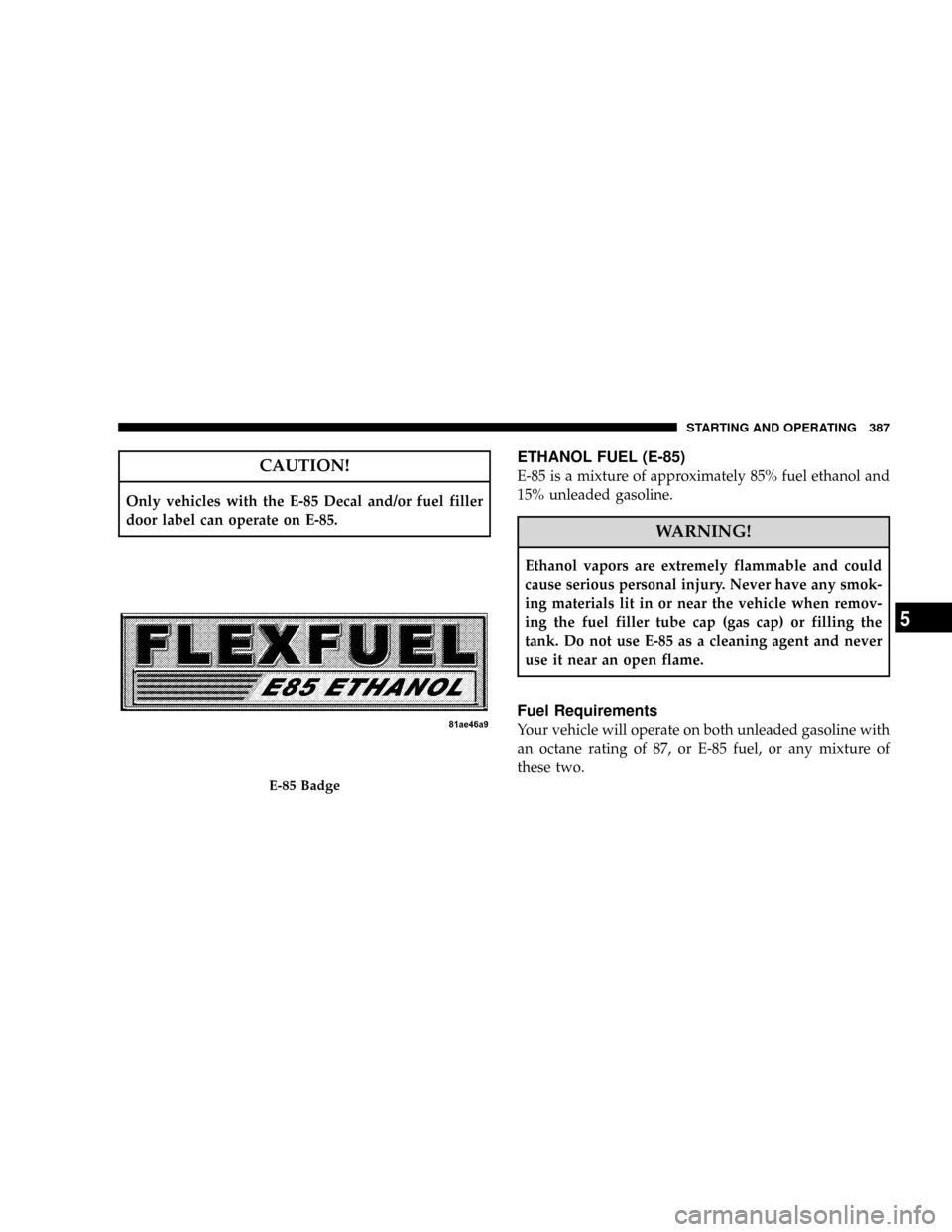 CHRYSLER TOWN AND COUNTRY 2008 5.G Owners Manual CAUTION!
Only vehicles with the E-85 Decal and/or fuel filler
door label can operate on E-85.
ETHANOL FUEL (E-85)
E-85 is a mixture of approximately 85% fuel ethanol and
15% unleaded gasoline.
WARNING