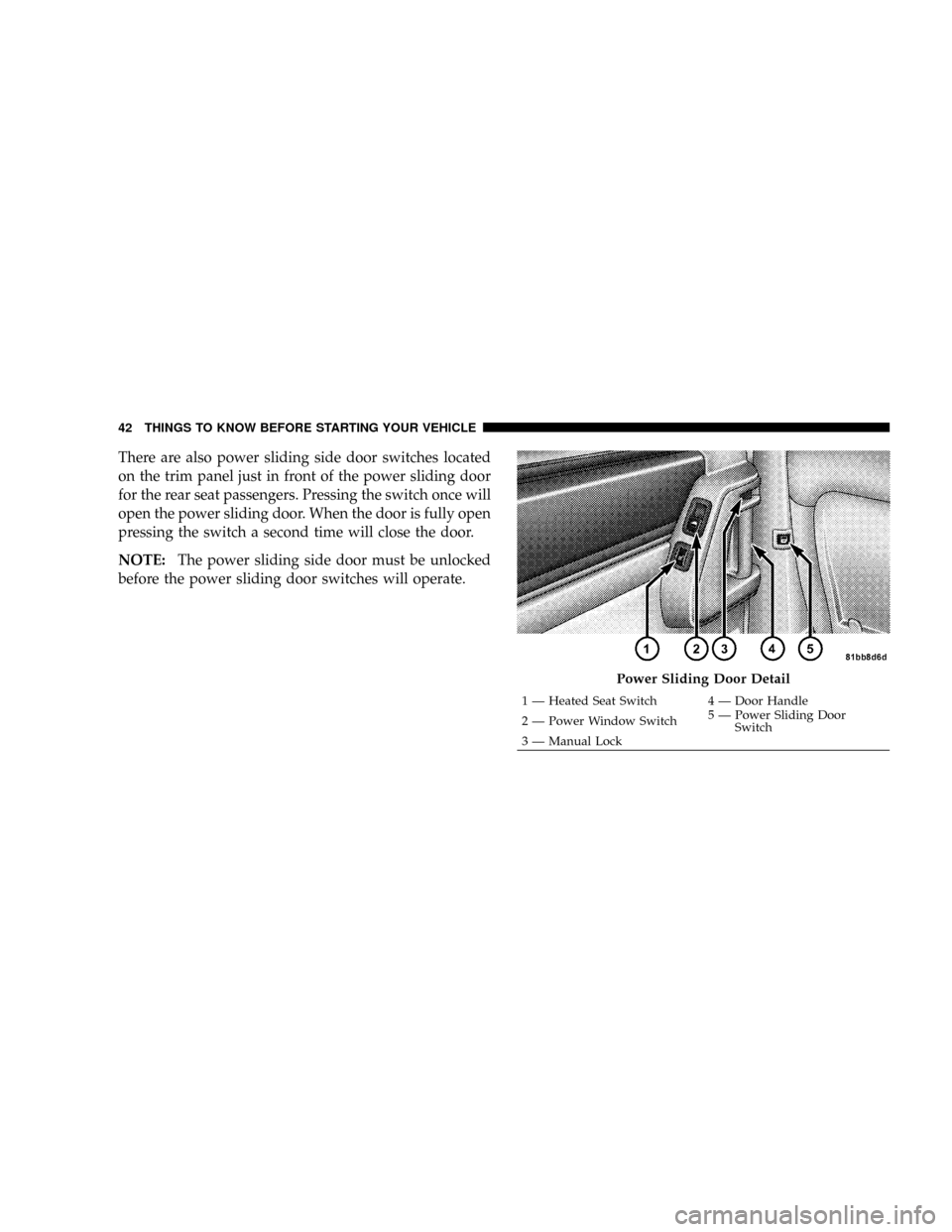 CHRYSLER TOWN AND COUNTRY 2008 5.G Owners Manual There are also power sliding side door switches located
on the trim panel just in front of the power sliding door
for the rear seat passengers. Pressing the switch once will
open the power sliding doo