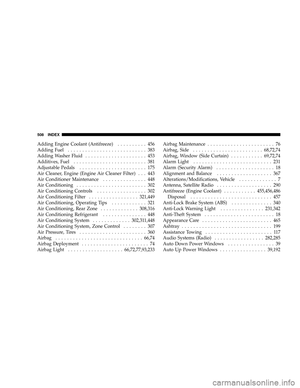 CHRYSLER TOWN AND COUNTRY 2008 5.G Owners Manual Adding Engine Coolant (Antifreeze).......... 456
Adding Fuel........................... 383
Adding Washer Fluid..................... 453
Additives, Fuel......................... 381
Adjustable Pedals. CHRYSLER TOWN AND COUNTRY 2008 5.G Owners Manual Adding Engine Coolant (Antifreeze).......... 456
Adding Fuel........................... 383
Adding Washer Fluid..................... 453
Additives, Fuel......................... 381
Adjustable Pedals.
