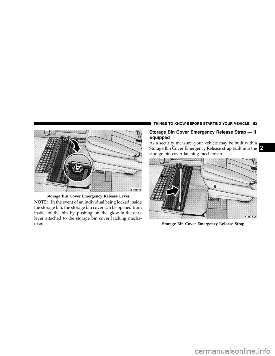 CHRYSLER TOWN AND COUNTRY 2008 5.G Owners Manual NOTE:In the event of an individual being locked inside
the storage bin, the storage bin cover can be opened from
inside of the bin by pushing on the glow-in-the-dark
lever attached to the storage bin 