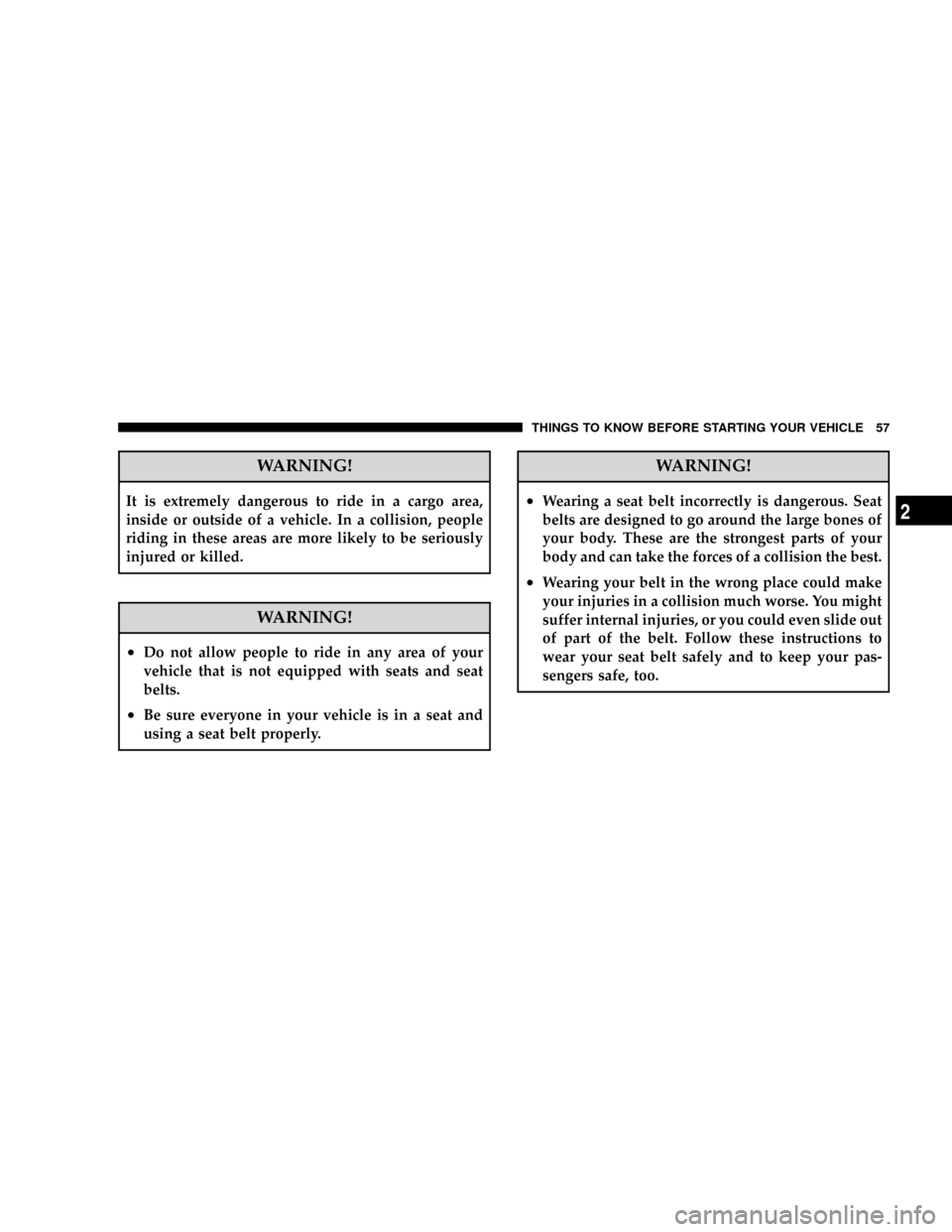 CHRYSLER TOWN AND COUNTRY 2008 5.G Owners Manual WARNING!
It is extremely dangerous to ride in a cargo area,
inside or outside of a vehicle. In a collision, people
riding in these areas are more likely to be seriously
injured or killed.
WARNING!
²D
