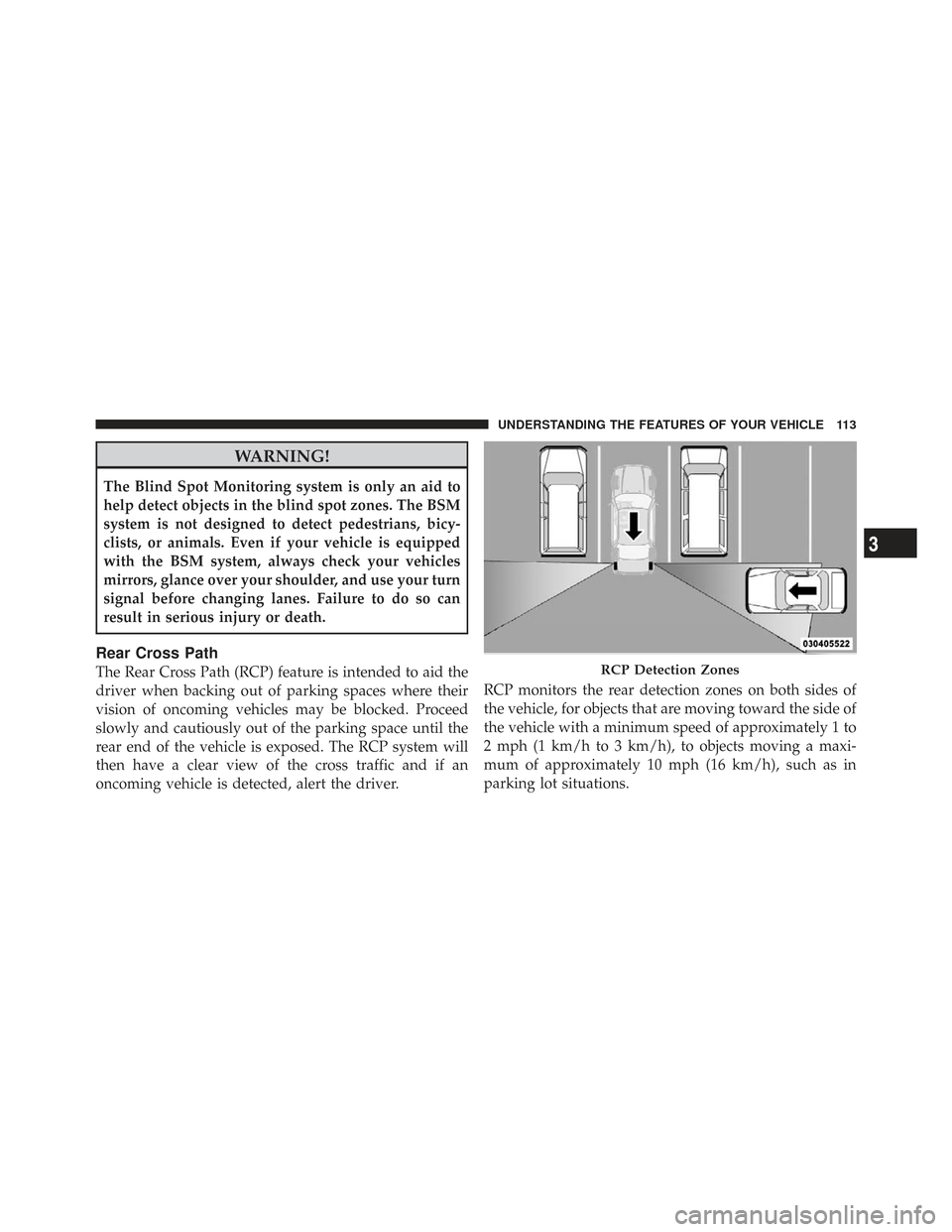 CHRYSLER TOWN AND COUNTRY 2009 5.G Owners Manual WARNING!
The Blind Spot Monitoring system is only an aid to
help detect objects in the blind spot zones. The BSM
system is not designed to detect pedestrians, bicy-
clists, or animals. Even if your ve CHRYSLER TOWN AND COUNTRY 2009 5.G Owners Manual WARNING!
The Blind Spot Monitoring system is only an aid to
help detect objects in the blind spot zones. The BSM
system is not designed to detect pedestrians, bicy-
clists, or animals. Even if your ve