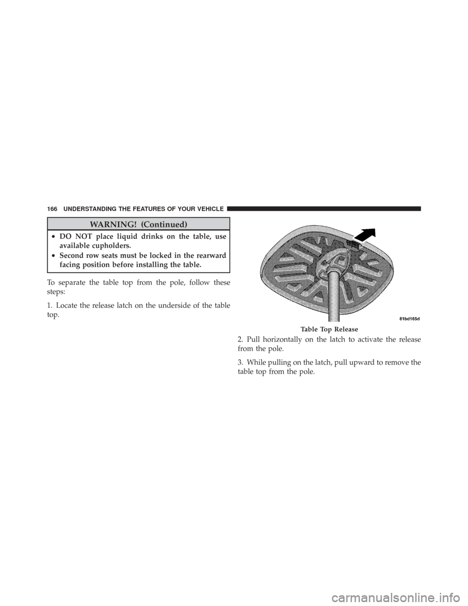 CHRYSLER TOWN AND COUNTRY 2009 5.G Owners Manual WARNING! (Continued)
•DO NOT place liquid drinks on the table, use
available cupholders.
•Second row seats must be locked in the rearward
facing position before installing the table.
To separate t