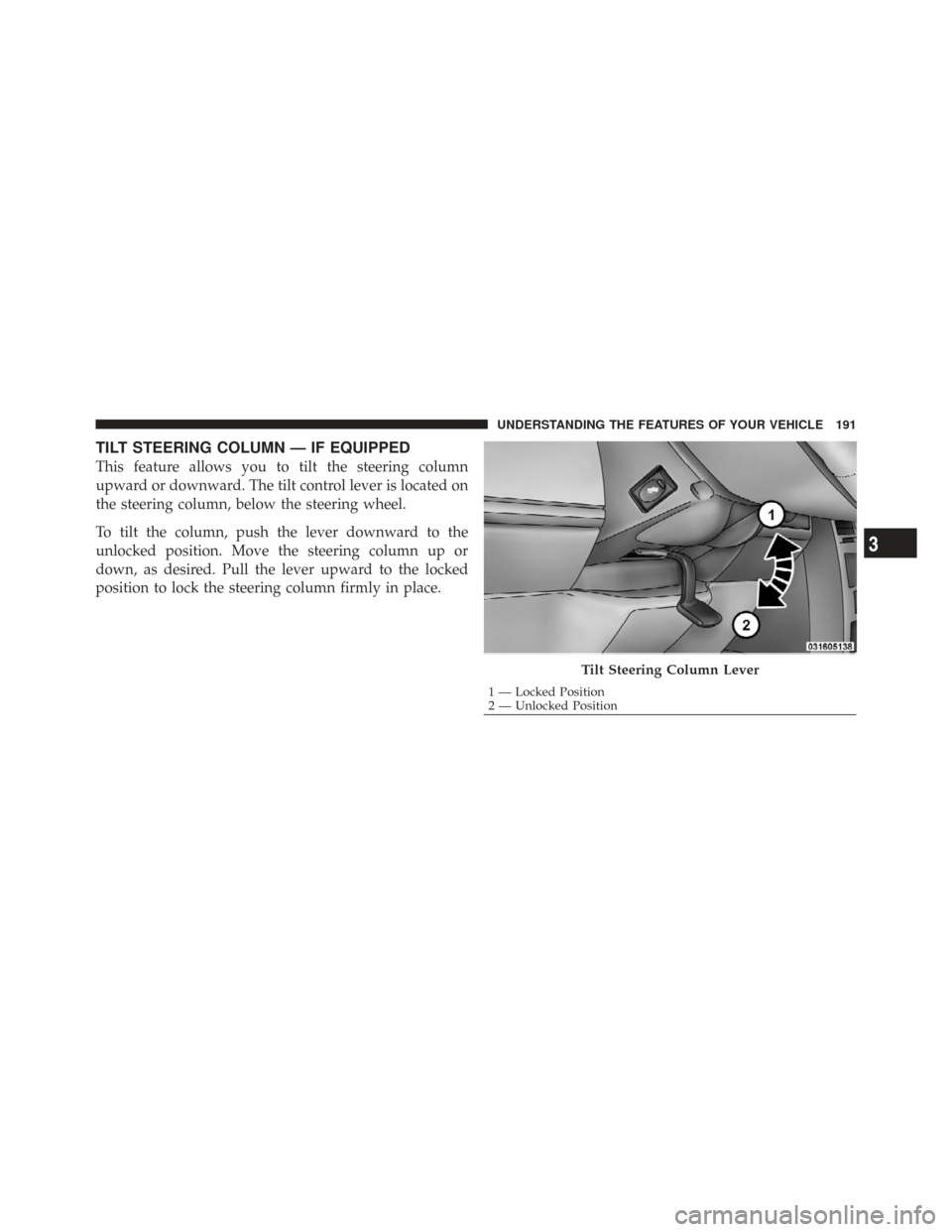 CHRYSLER TOWN AND COUNTRY 2009 5.G Owners Manual TILT STEERING COLUMN — IF EQUIPPED
This feature allows you to tilt the steering column
upward or downward. The tilt control lever is located on
the steering column, below the steering wheel.
To tilt