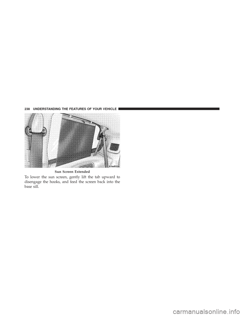 CHRYSLER TOWN AND COUNTRY 2009 5.G Owners Manual To lower the sun screen, gently lift the tab upward to
disengage the hooks, and feed the screen back into the
base sill.
Sun Screen Extended
238 UNDERSTANDING THE FEATURES OF YOUR VEHICLE 