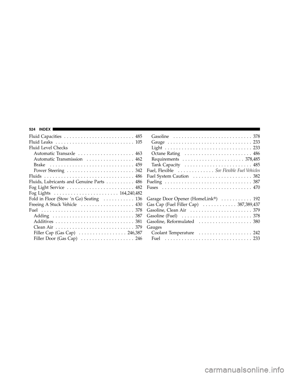 CHRYSLER TOWN AND COUNTRY 2010 5.G Owners Manual Fluid Capacities......................... 485
Fluid Leaks ............................ 105
Fluid Level Checks Automatic Transaxle .................... 463
Automatic Transmission ................. 462
CHRYSLER TOWN AND COUNTRY 2010 5.G Owners Manual Fluid Capacities......................... 485
Fluid Leaks ............................ 105
Fluid Level Checks Automatic Transaxle .................... 463
Automatic Transmission ................. 462