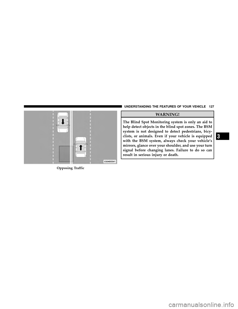 CHRYSLER TOWN AND COUNTRY 2011 5.G Owners Manual WARNING!
The Blind Spot Monitoring system is only an aid to
help detect objects in the blind spot zones. The BSM
system is not designed to detect pedestrians, bicy-
clists, or animals. Even if your ve