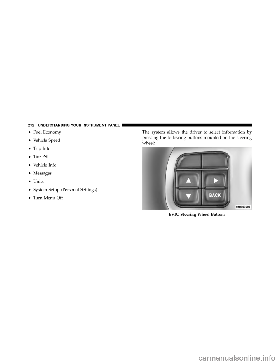 CHRYSLER TOWN AND COUNTRY 2011 5.G Owners Manual •Fuel Economy
•Vehicle Speed
•Trip Info
•Tire PSI
•Vehicle Info
•Messages
•Units
•System Setup (Personal Settings)
•Turn Menu OffThe system allows the driver to select information by
