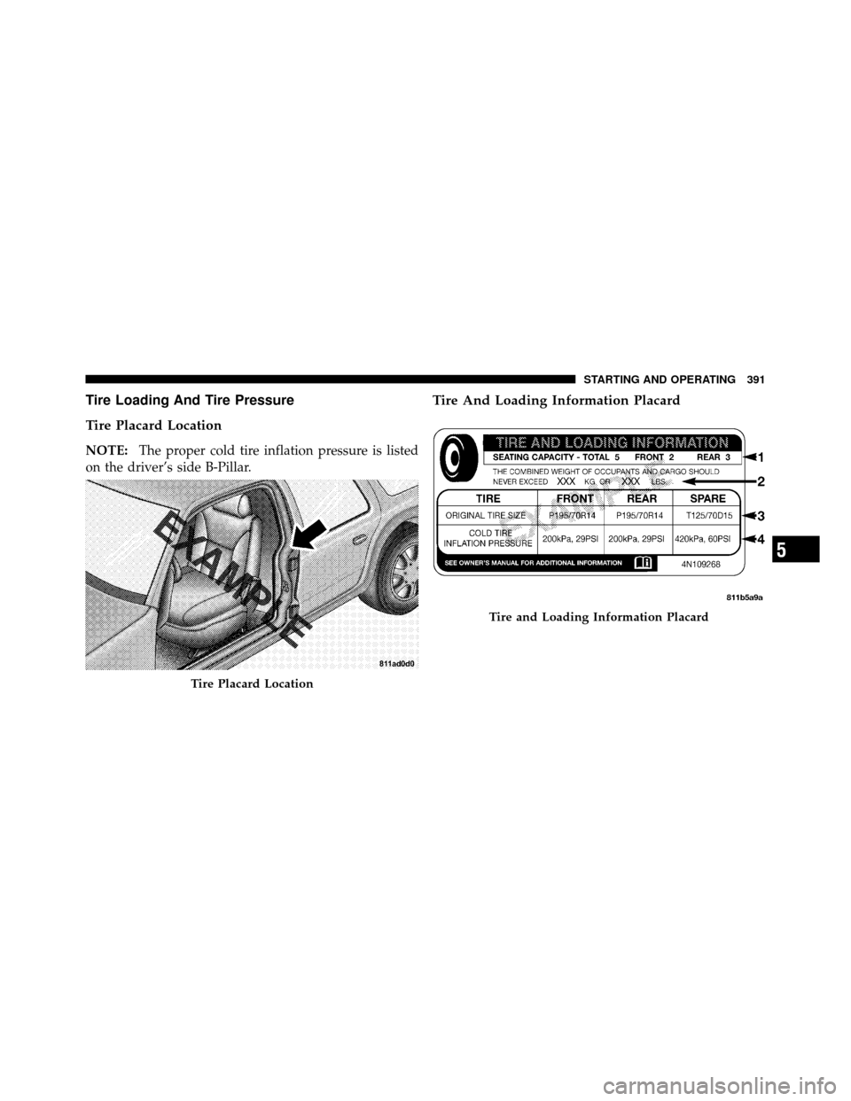 CHRYSLER TOWN AND COUNTRY 2011 5.G Owners Manual Tire Loading And Tire Pressure
Tire Placard Location
NOTE:The proper cold tire inflation pressure is listed
on the driver’s side B-Pillar.
Tire And Loading Information Placard
Tire Placard Location
