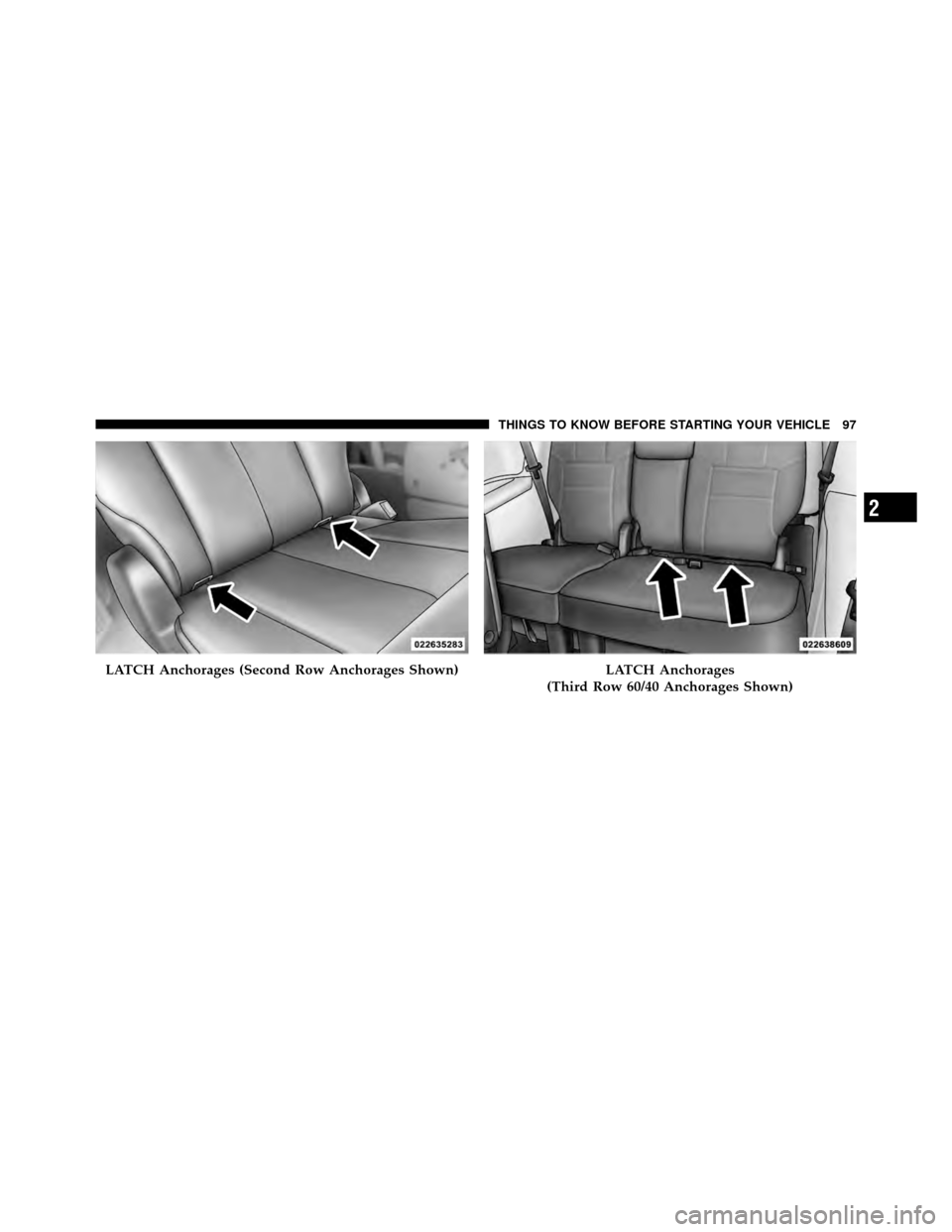 CHRYSLER TOWN AND COUNTRY 2011 5.G Owners Manual LATCH Anchorages (Second Row Anchorages Shown)LATCH Anchorages
(Third Row 60/40 Anchorages Shown)
2
THINGS TO KNOW BEFORE STARTING YOUR VEHICLE 97 