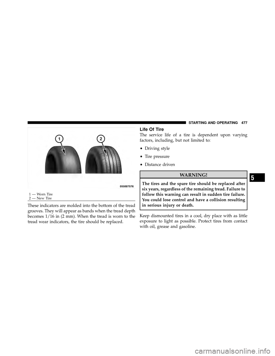 CHRYSLER TOWN AND COUNTRY 2012 5.G Owners Manual These indicators are molded into the bottom of the tread
grooves. They will appear as bands when the tread depth
becomes 1/16 in (2 mm). When the tread is worn to the
tread wear indicators, the tire s