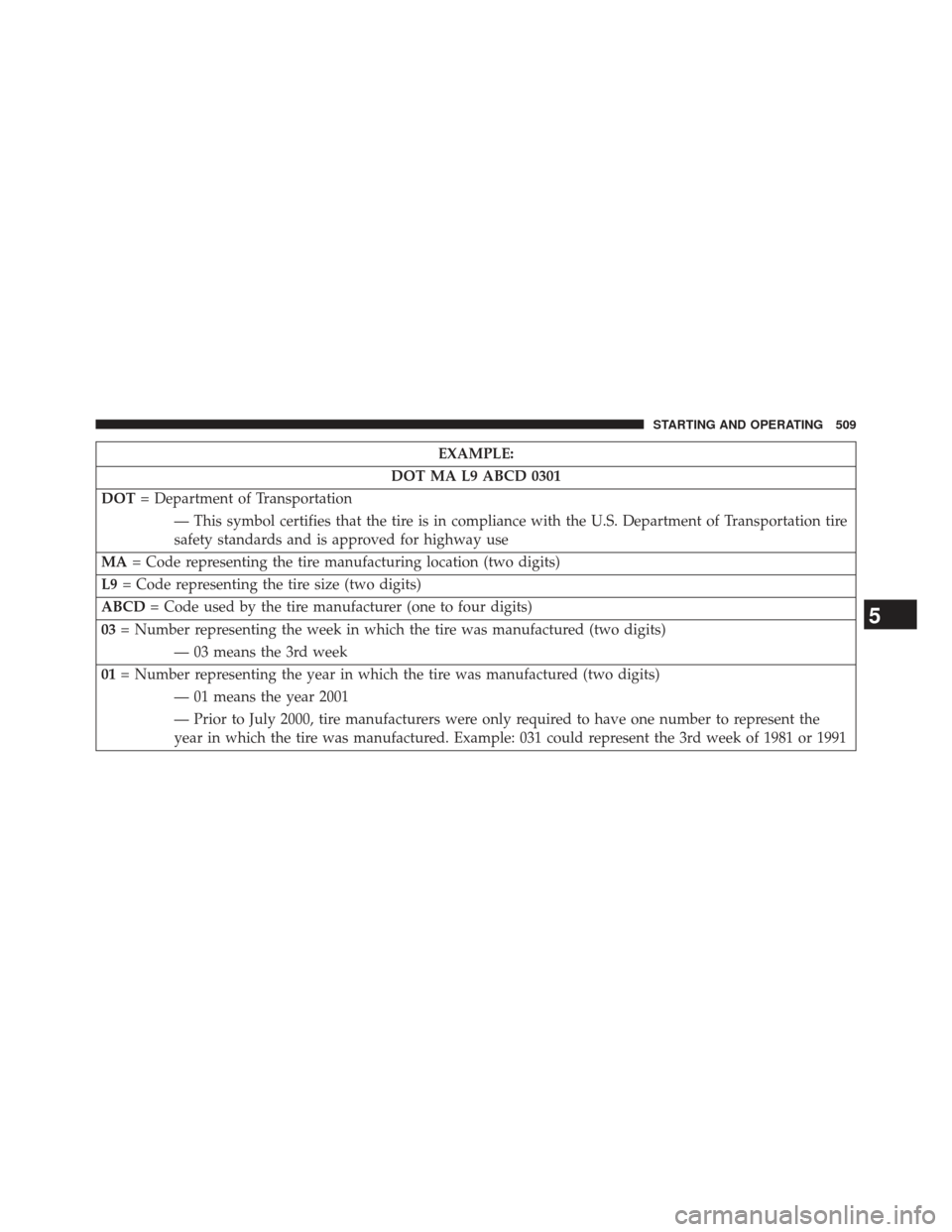 CHRYSLER TOWN AND COUNTRY 2013 5.G Owners Manual EXAMPLE:
DOT MA L9 ABCD 0301
DOT = Department of Transportation
— This symbol certifies that the tire is in compliance with the U.S. Department of Transportation tire
safety standards and is approve