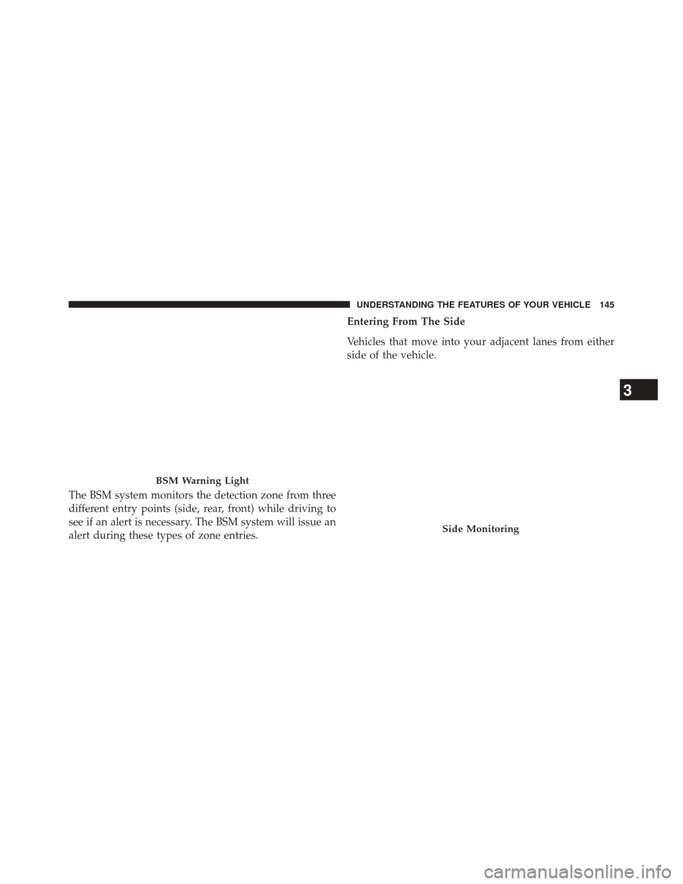 CHRYSLER TOWN AND COUNTRY 2014 5.G Owners Manual The BSM system monitors the detection zone from three
different entry points (side, rear, front) while driving to
see if an alert is necessary. The BSM system will issue an
alert during these types of
