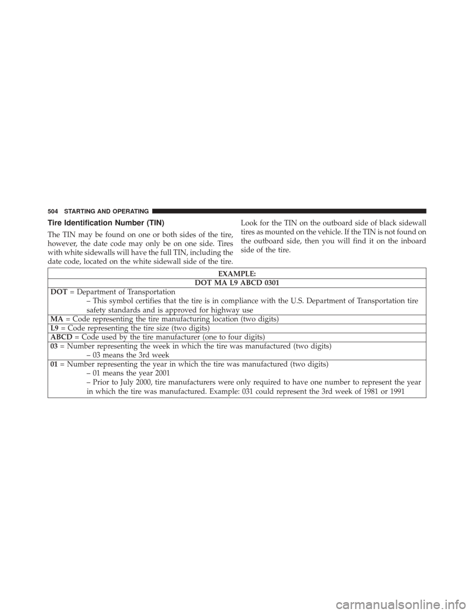CHRYSLER TOWN AND COUNTRY 2014 5.G Owners Manual Tire Identification Number (TIN)
The TIN may be found on one or both sides of the tire,
however, the date code may only be on one side. Tires
with white sidewalls will have the full TIN, including the CHRYSLER TOWN AND COUNTRY 2014 5.G Owners Manual Tire Identification Number (TIN)
The TIN may be found on one or both sides of the tire,
however, the date code may only be on one side. Tires
with white sidewalls will have the full TIN, including the
