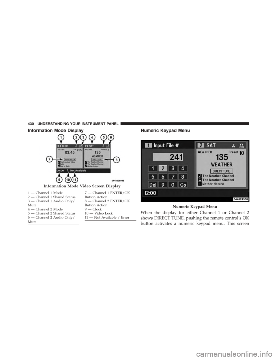 CHRYSLER TOWN AND COUNTRY 2015 5.G Owners Manual Information Mode DisplayNumeric Keypad Menu
When the display for either Channel 1 or Channel 2
shows DIRECT TUNE, pushing the remote control’s OK
button activates a numeric keypad menu. This screen

