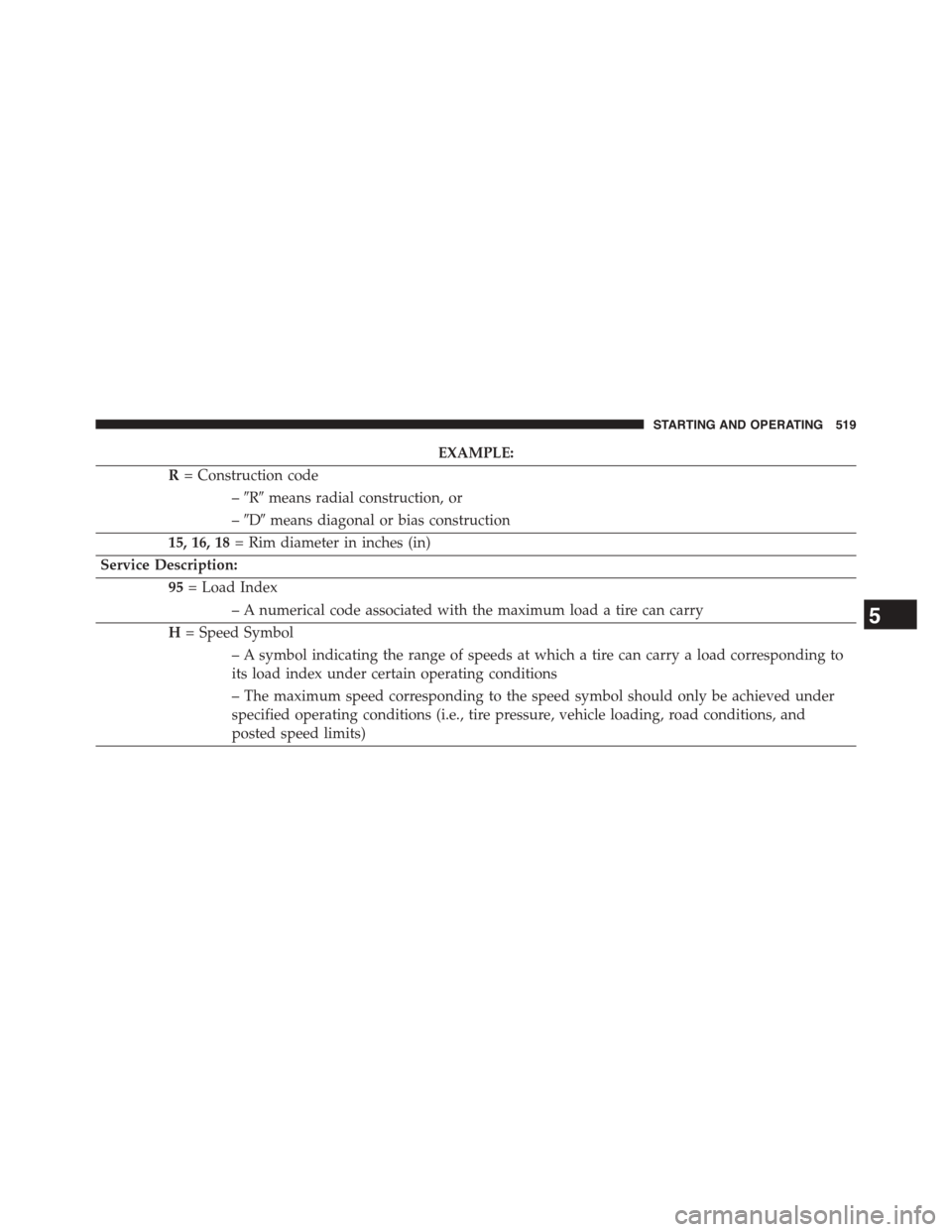 CHRYSLER TOWN AND COUNTRY 2015 5.G Owners Manual EXAMPLE:
R= Construction code
–#R#means radial construction, or
–#D#means diagonal or bias construction
15, 16, 18= Rim diameter in inches (in)
Service Description:
95= Load Index
– A numerical 