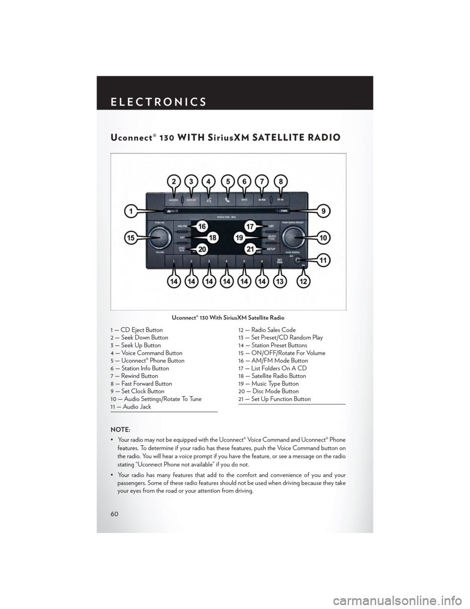 CHRYSLER TOWN AND COUNTRY 2015 5.G User Guide Uconnect® 130 WITH SiriusXM SATELLITE RADIO
NOTE:
• Your radio may not be equipped with the Uconnect® Voice Command and Uconnect® Phone
features. To determine if your radio has these features, pu