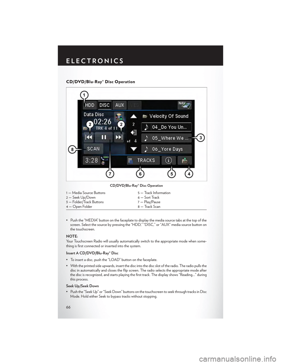 CHRYSLER TOWN AND COUNTRY 2015 5.G User Guide CD/DVD/Blu-Ray® Disc Operation
• Push the “MEDIA” button on the faceplate to display the media source tabs at the top of thescreen. Select the source by pressing the “HDD,” “DISC,” or 