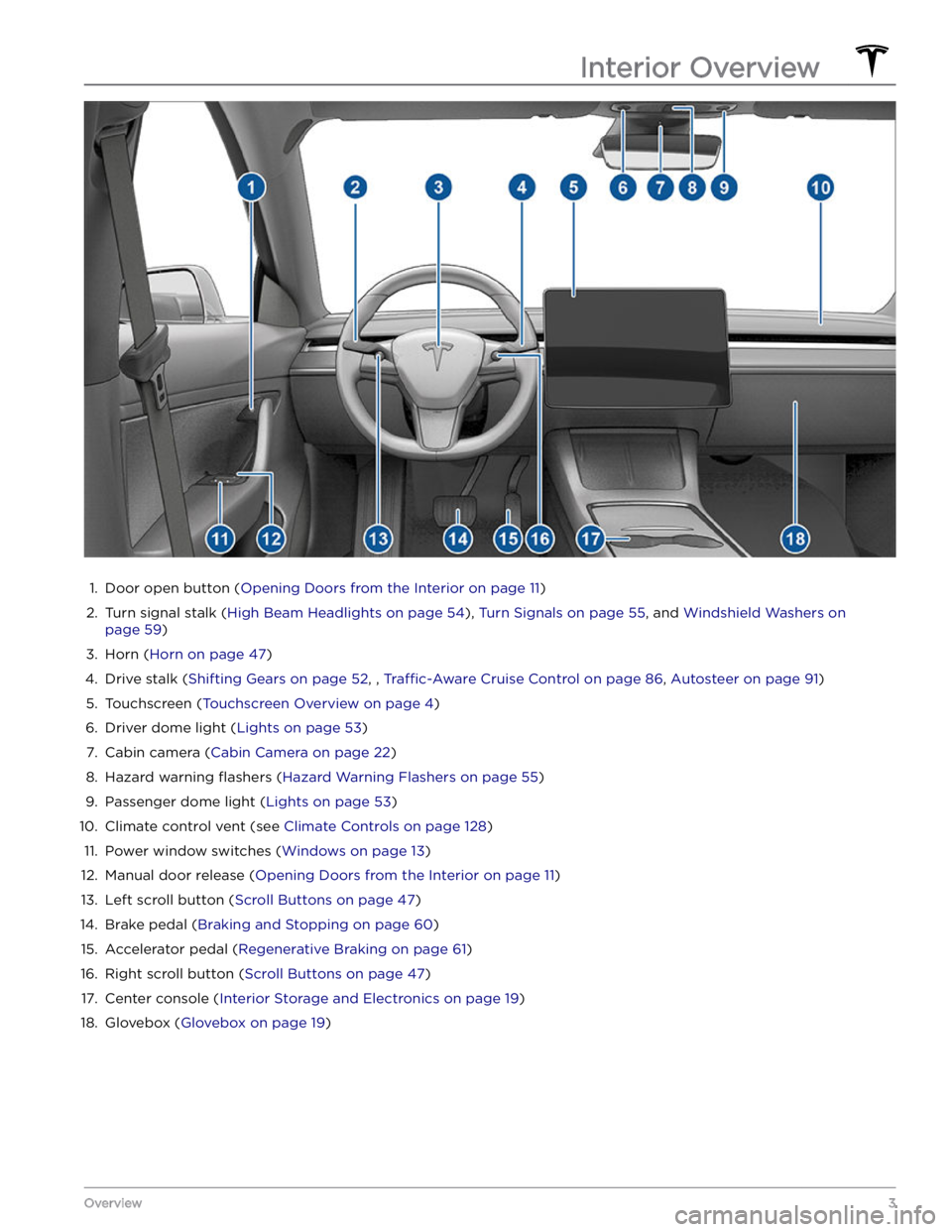 TESLA MODEL Y 2022 Owner´s Manual 1.
Door open button (Opening Doors from the Interior on page 11)
2.
Turn signal stalk (High Beam Headlights on page 54), Turn Signals on page 55, and Windshield Washers on
page 59)
3.
Horn (Horn o TESLA MODEL Y 2022 Owner´s Manual 1.
Door open button (Opening Doors from the Interior on page 11)
2.
Turn signal stalk (High Beam Headlights on page 54), Turn Signals on page 55, and Windshield Washers on
page 59)
3.
Horn (Horn o