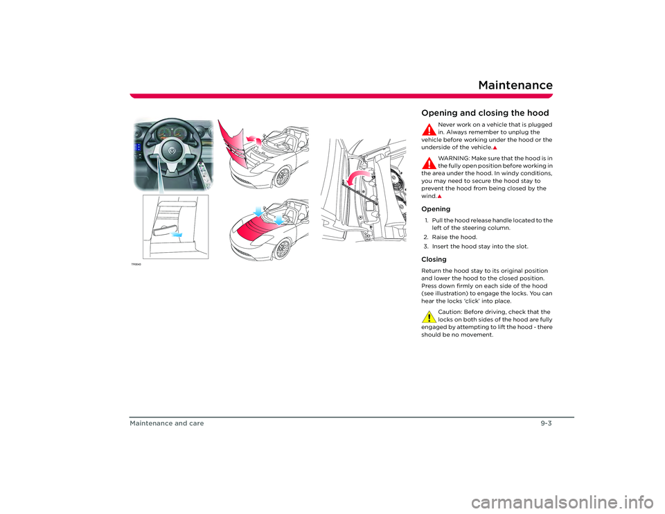 TESLA ROADSTER 2008  Owners Manual Maintenance
9-3
Maintenance and care
TR0043
Opening and closing the hood
Never work on a vehicle that is plugged 
in. Always remember to unplug the 
vehicle before working under the hood or the 
under
