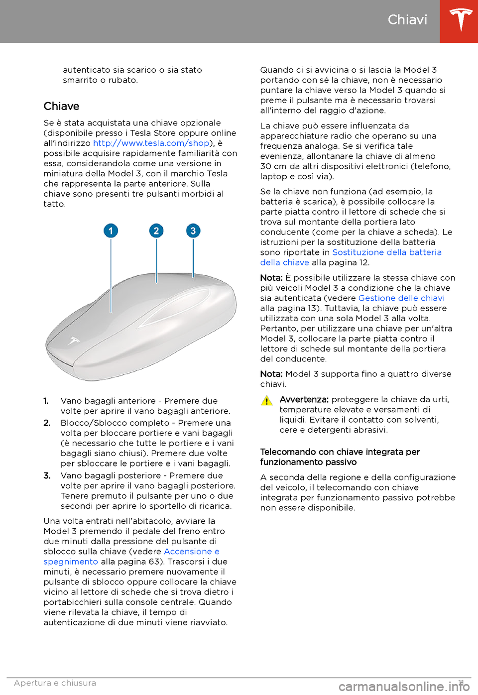 TESLA MODEL 3 2020  Manuale del proprietario (in Italian) autenticato sia scarico o sia stato
smarrito o rubato.
Chiave
Se 