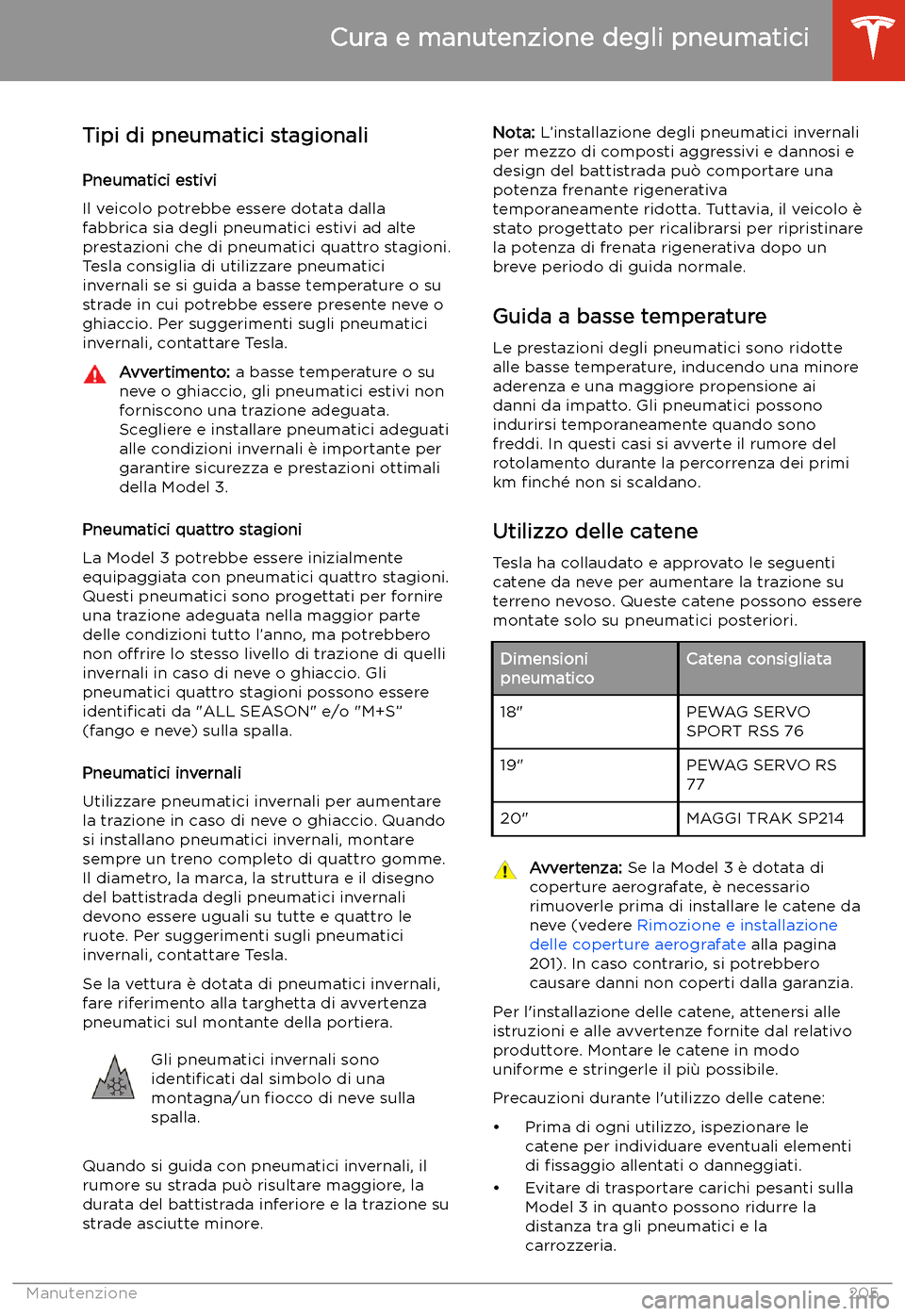 TESLA MODEL 3 2020  Manuale del proprietario (in Italian) Tipi di pneumatici stagionali
Pneumatici estivi
Il veicolo potrebbe essere dotata dalla
fabbrica sia degli pneumatici estivi ad alte
prestazioni che di pneumatici quattro stagioni.
Tesla consiglia di 