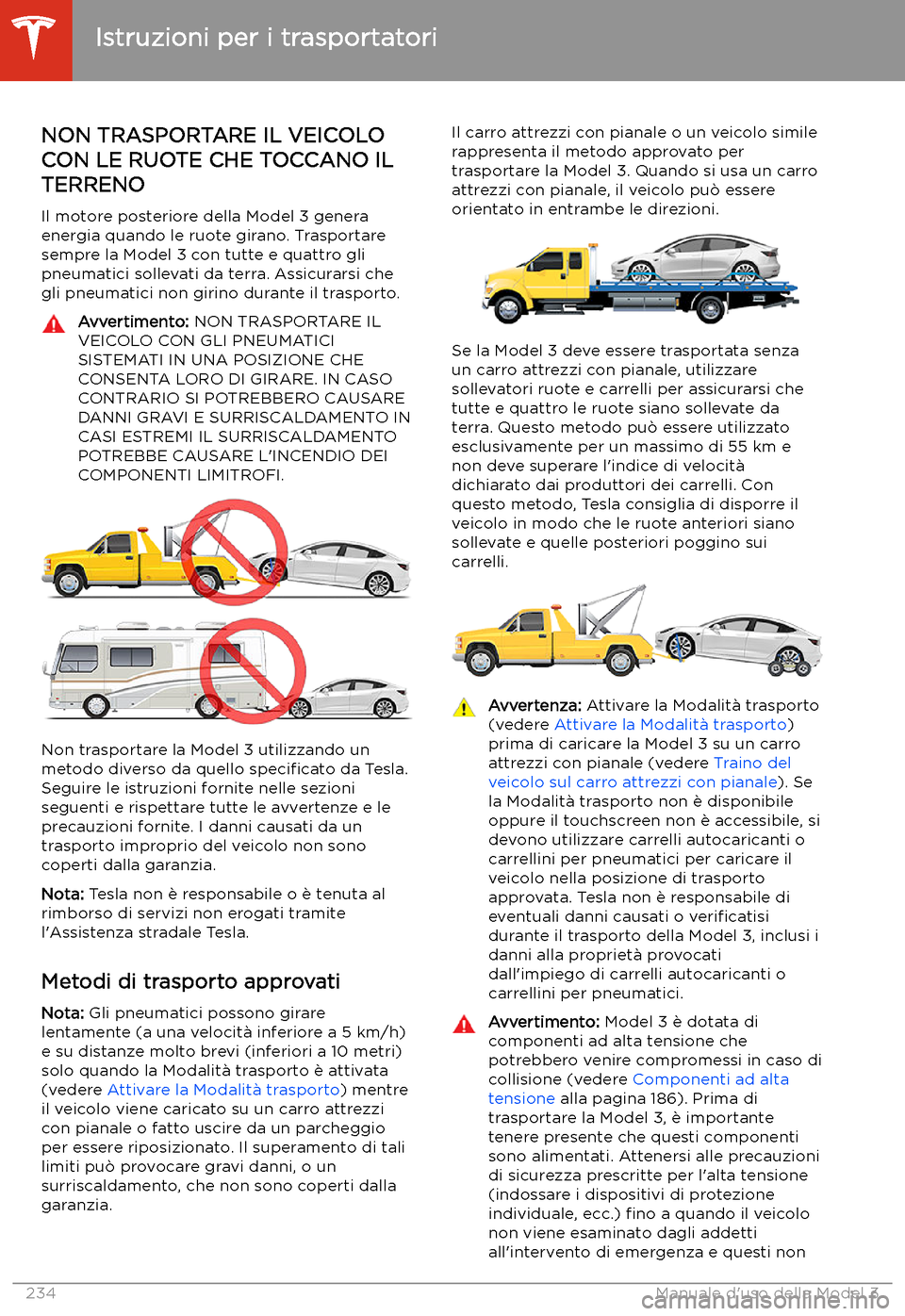 TESLA MODEL 3 2020  Manuale del proprietario (in Italian) Istruzioni per i trasportatori
NON TRASPORTARE IL VEICOLO
CON LE RUOTE CHE TOCCANO IL TERRENO
Il motore posteriore della Model 3 genera
energia quando le ruote girano. Trasportare
sempre la Model 3 co