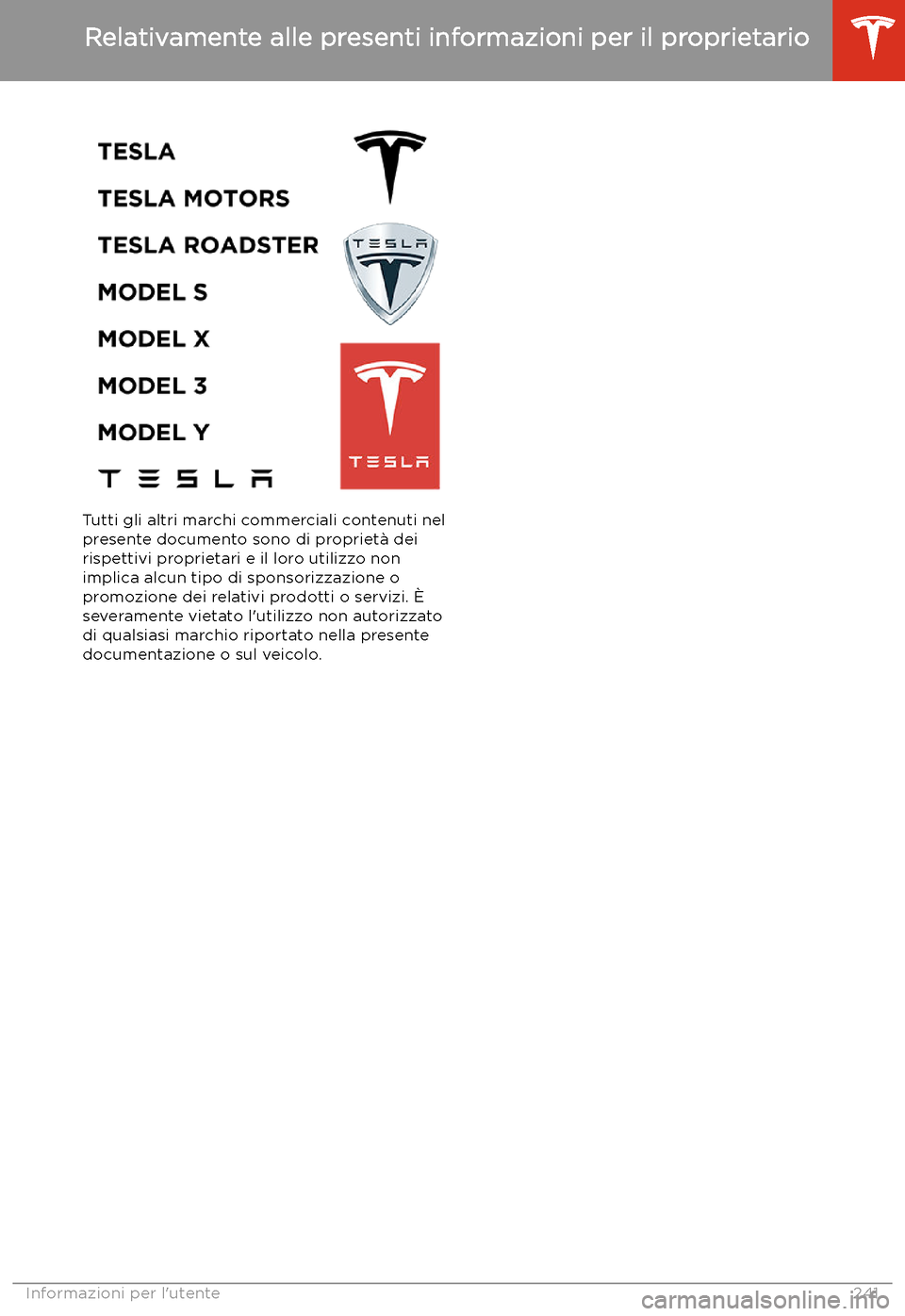 TESLA MODEL 3 2020  Manuale del proprietario (in Italian) Tutti gli altri marchi commerciali contenuti nel
presente documento sono di propriet