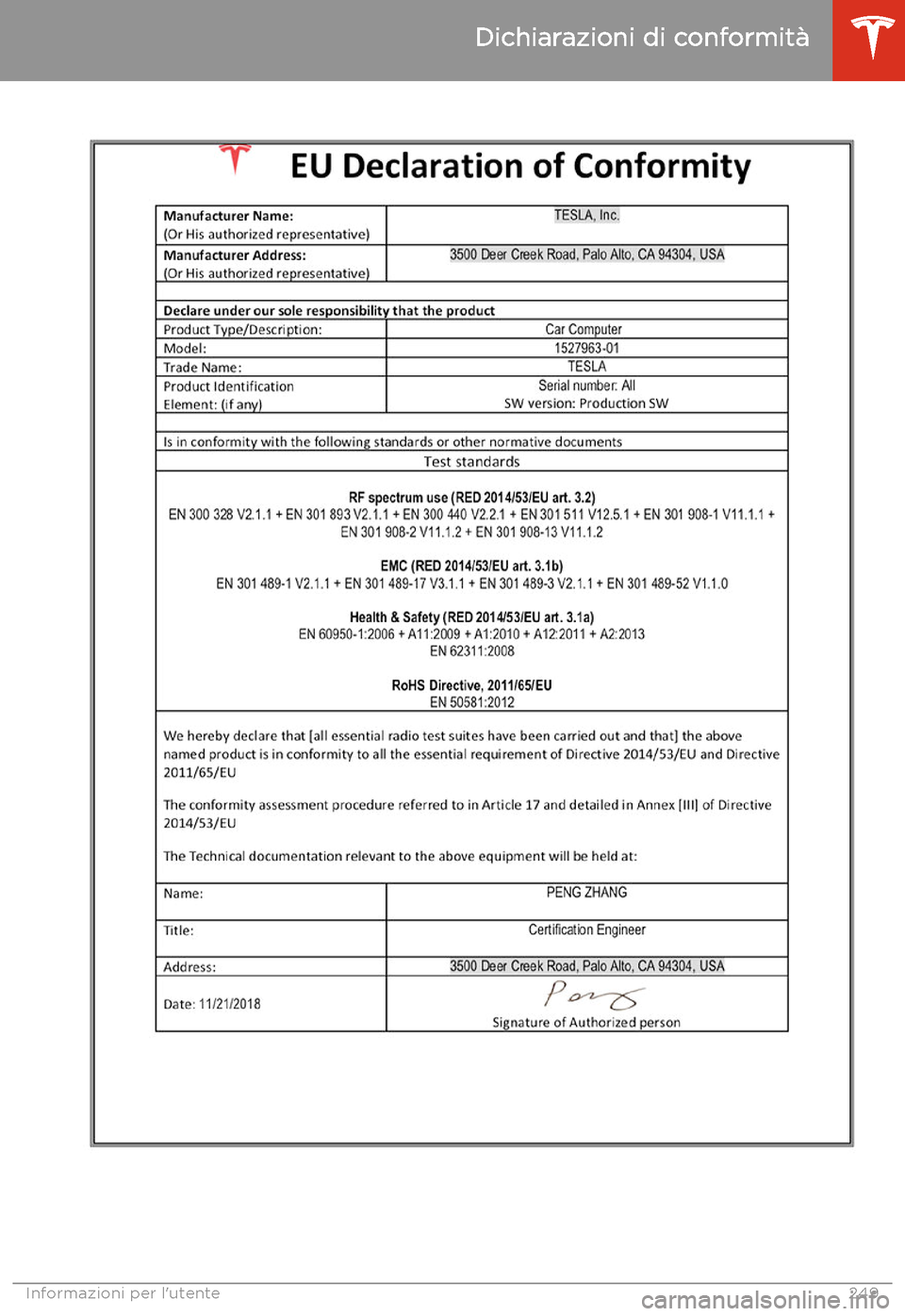 TESLA MODEL 3 2020  Manuale del proprietario (in Italian) Dichiarazioni di conformit