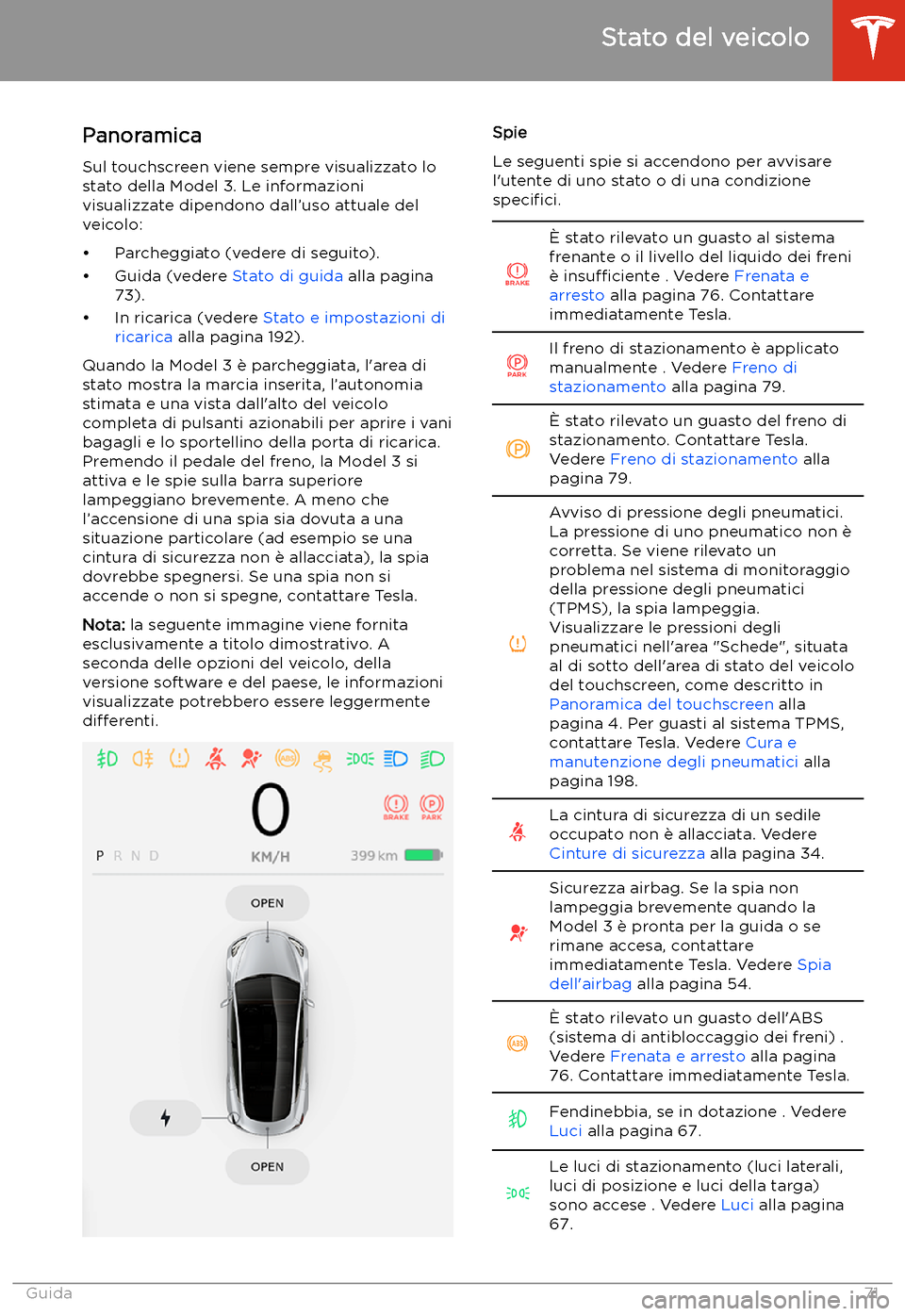 TESLA MODEL 3 2020  Manuale del proprietario (in Italian) Stato del veicolo
Panoramica Sul touchscreen viene sempre visualizzato lo
stato della Model 3. Le informazioni visualizzate dipendono dall