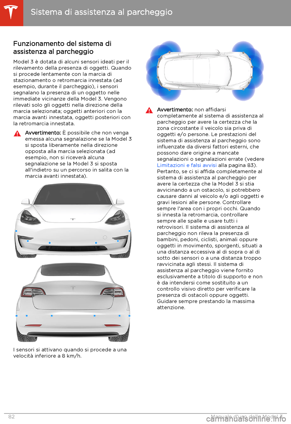 TESLA MODEL 3 2020  Manuale del proprietario (in Italian) Sistema di assistenza al parcheggio
Funzionamento del sistema di
assistenza al parcheggio
Model 3 