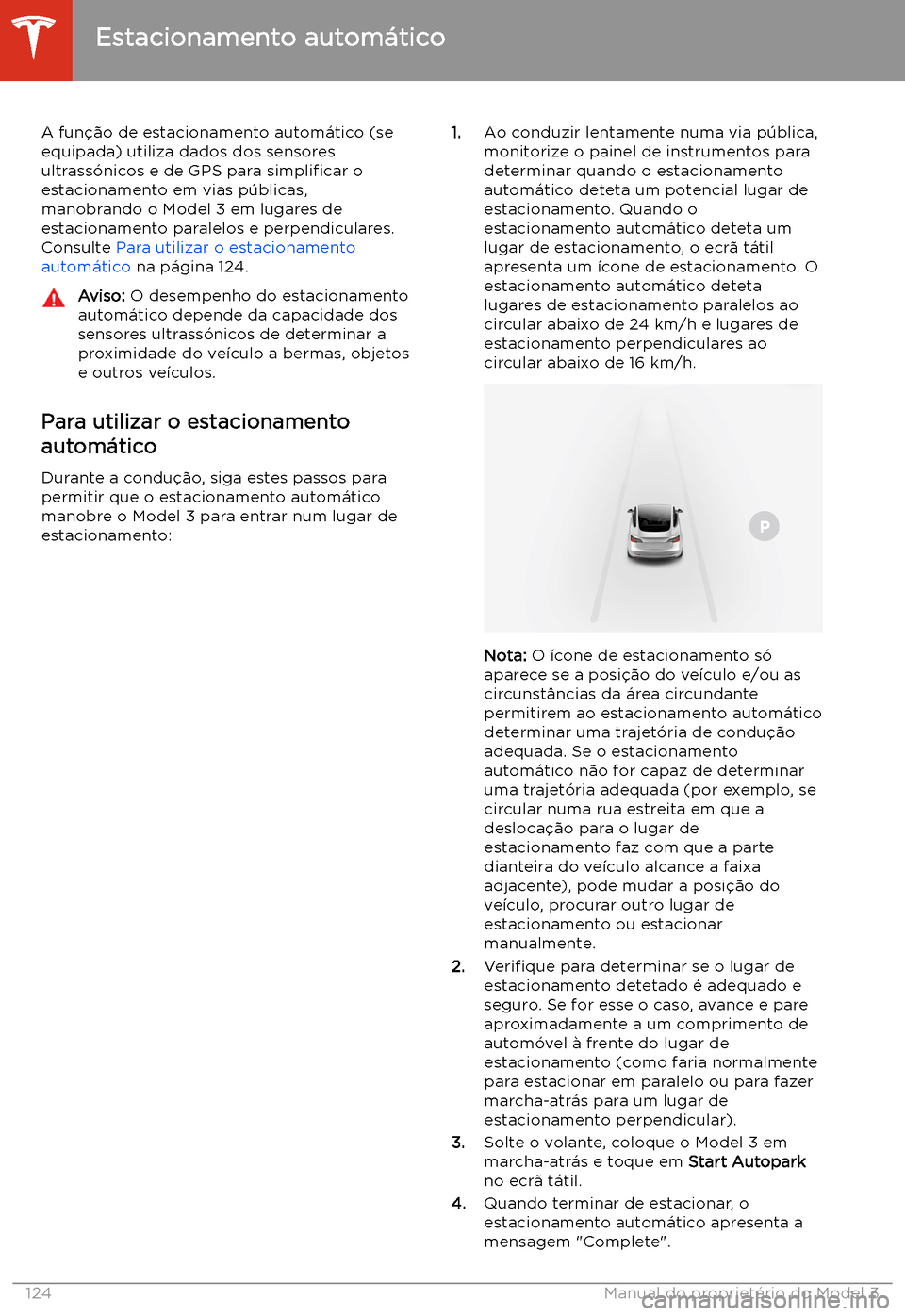 TESLA MODEL 3 2020  Manual do proprietário (in Portuguese) Estacionamento autom